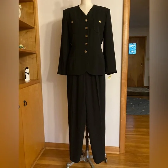 Jones Wear Black Pantsuit with Gold Buttons Mud Century Inspired 80s Powersuit - Picture 1 of 13